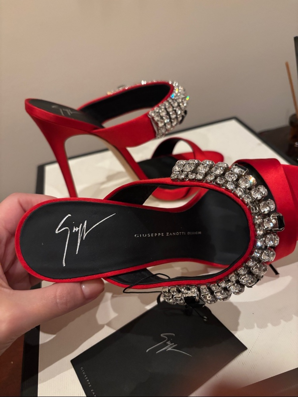 Giuseppe Zanotti Flame Red Satin high heel sandal mule with crystals sz.8 - Picture 16 of 17
